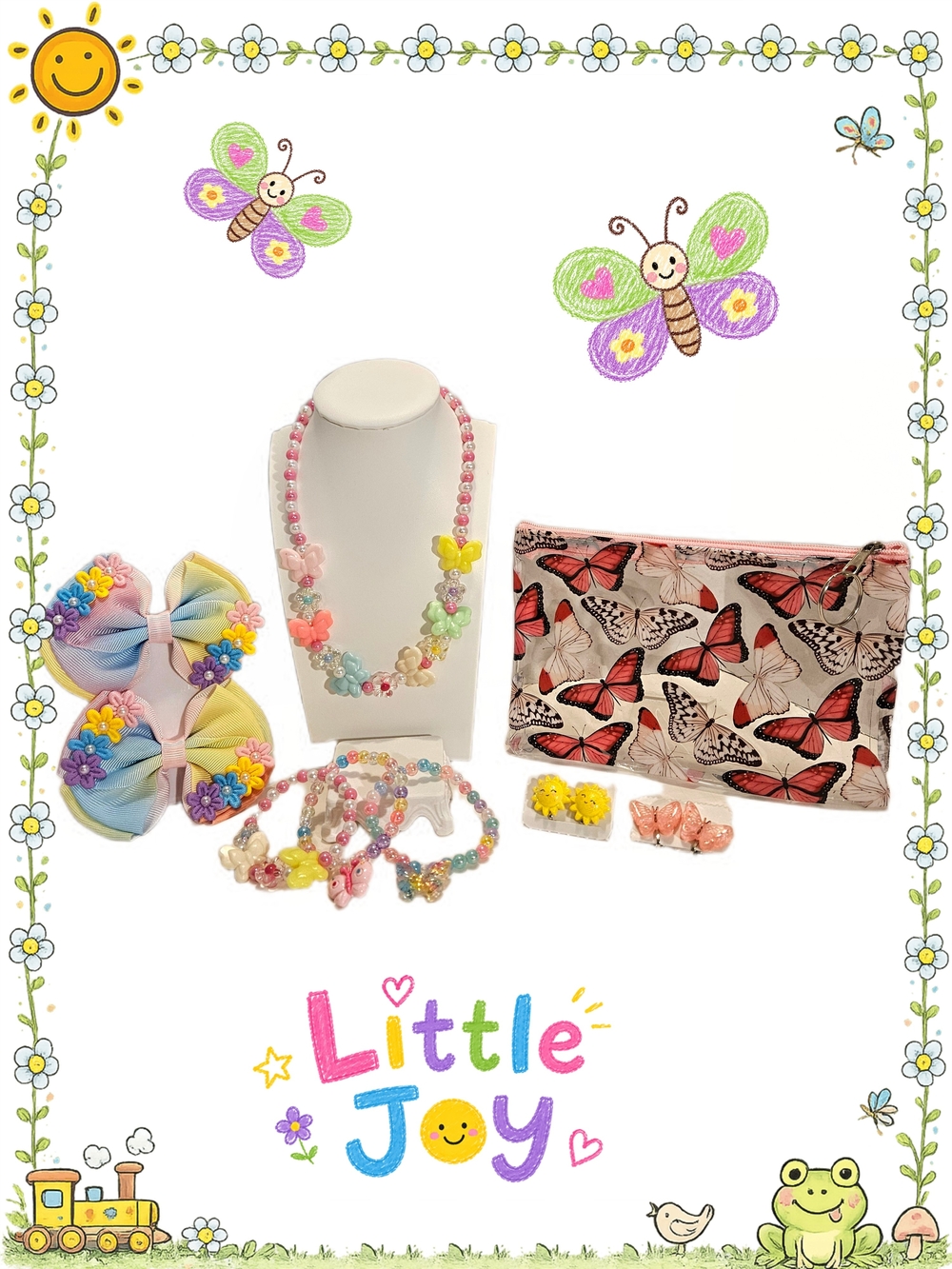 Kids Rainbow Butterfly Jewelry Set with Pink Butterfly Pouch-9 Items